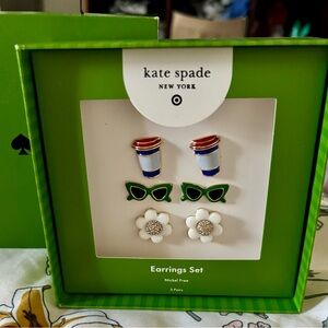 Kate Spade Colorful Earrings Set with Coffee Cup, Sunglasses, and Flower